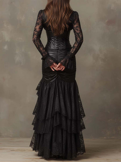 Vestido Maxi Negro de Ecopiel con Corsé y Mangas de Encaje