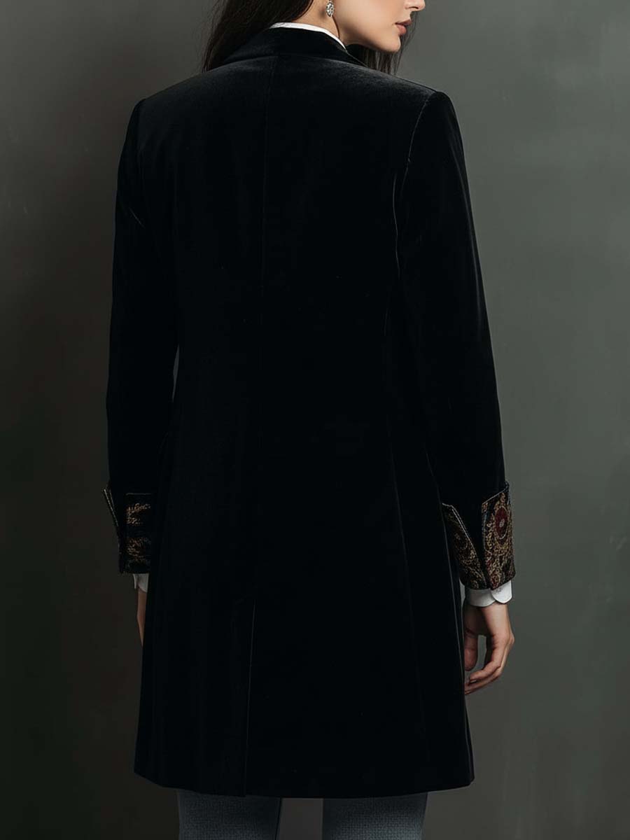Blazer Vintage de Terciopelo Negro con Solapas de Estampado Barroco