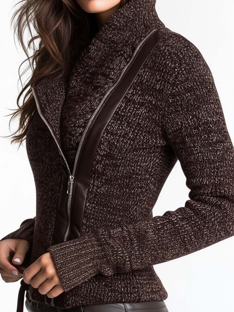Chaqueta de punto marrón con cremallera asimétrica