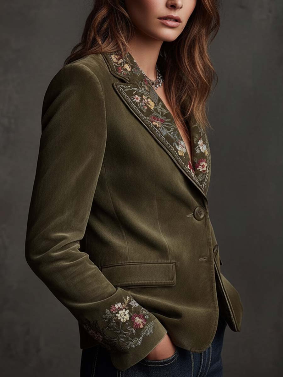 Blazer de Terciopelo Verde Oliva con Elegantes Bordados Florales