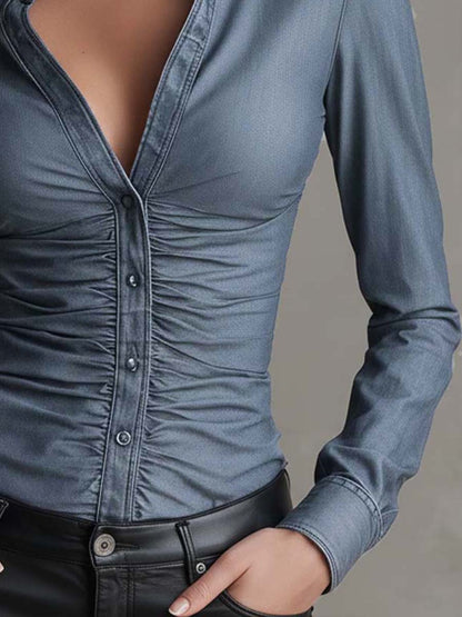 Camisa Vaquera de Tencel Entallada con Cintura Fruncida