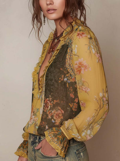 Blusa de Chifón Floral con Volantes y Cremallera Frontal