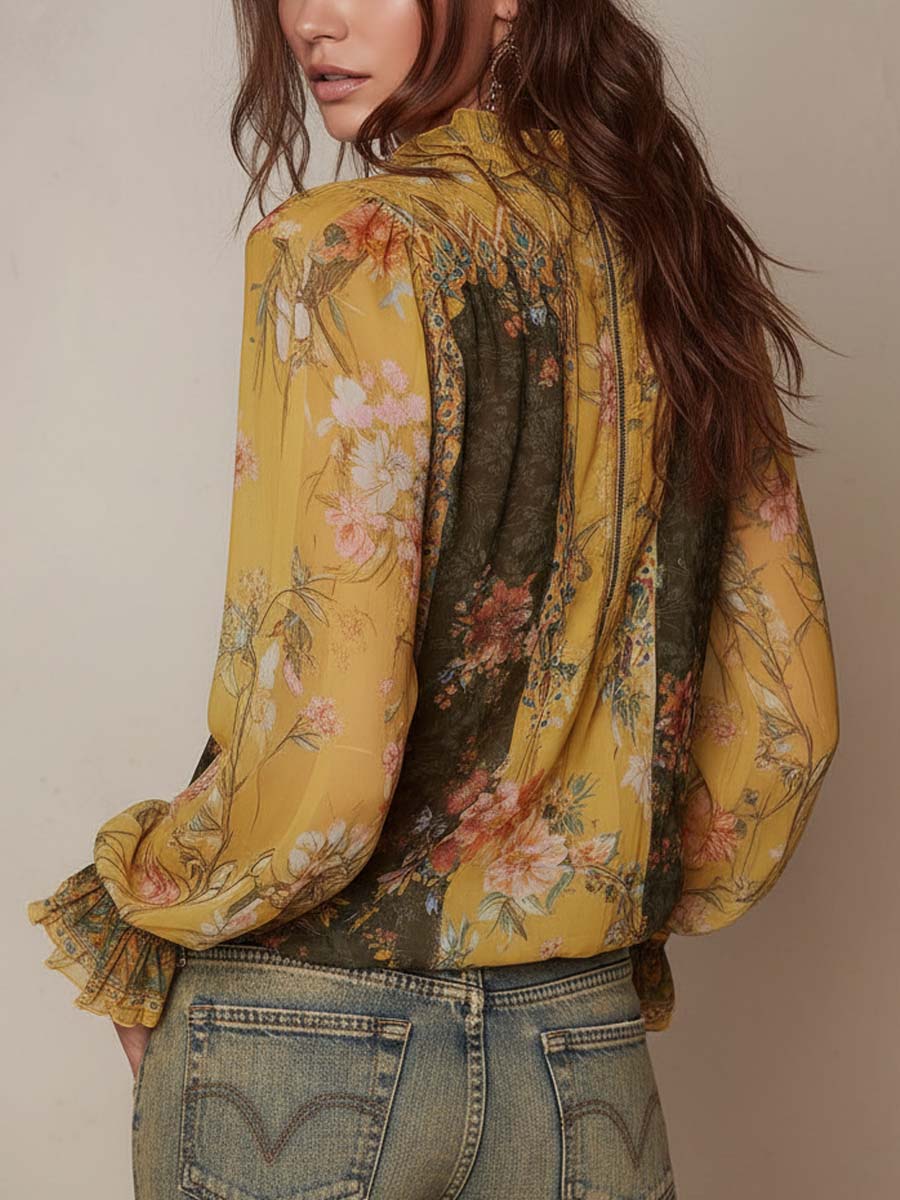 Blusa de Chifón Floral con Volantes y Cremallera Frontal