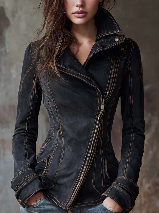 Chaqueta Moto Vintage de Denim Lavado en Gris Carbón