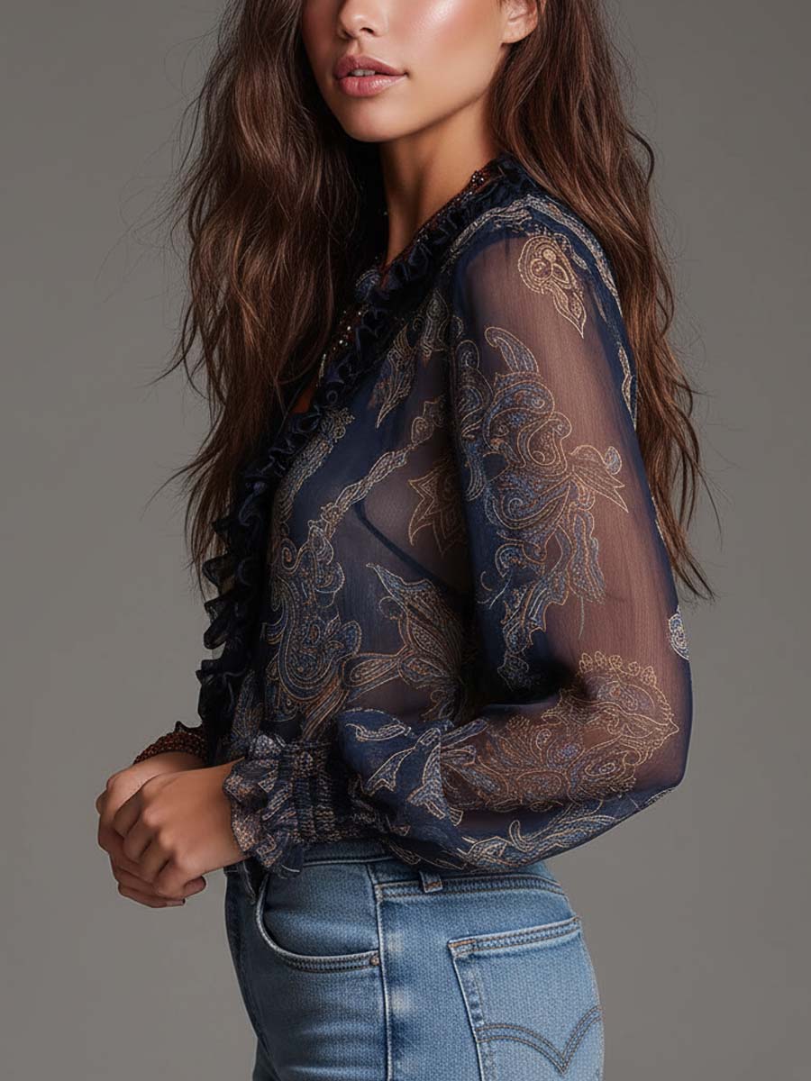 Blusa Azul Marino de Chifón con Estampado Barroco Paisley, Volantes y Cremallera