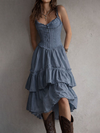 Vestido Midi Boho Retro con Corsé, Falda Escalonada y Detalles de Encaje