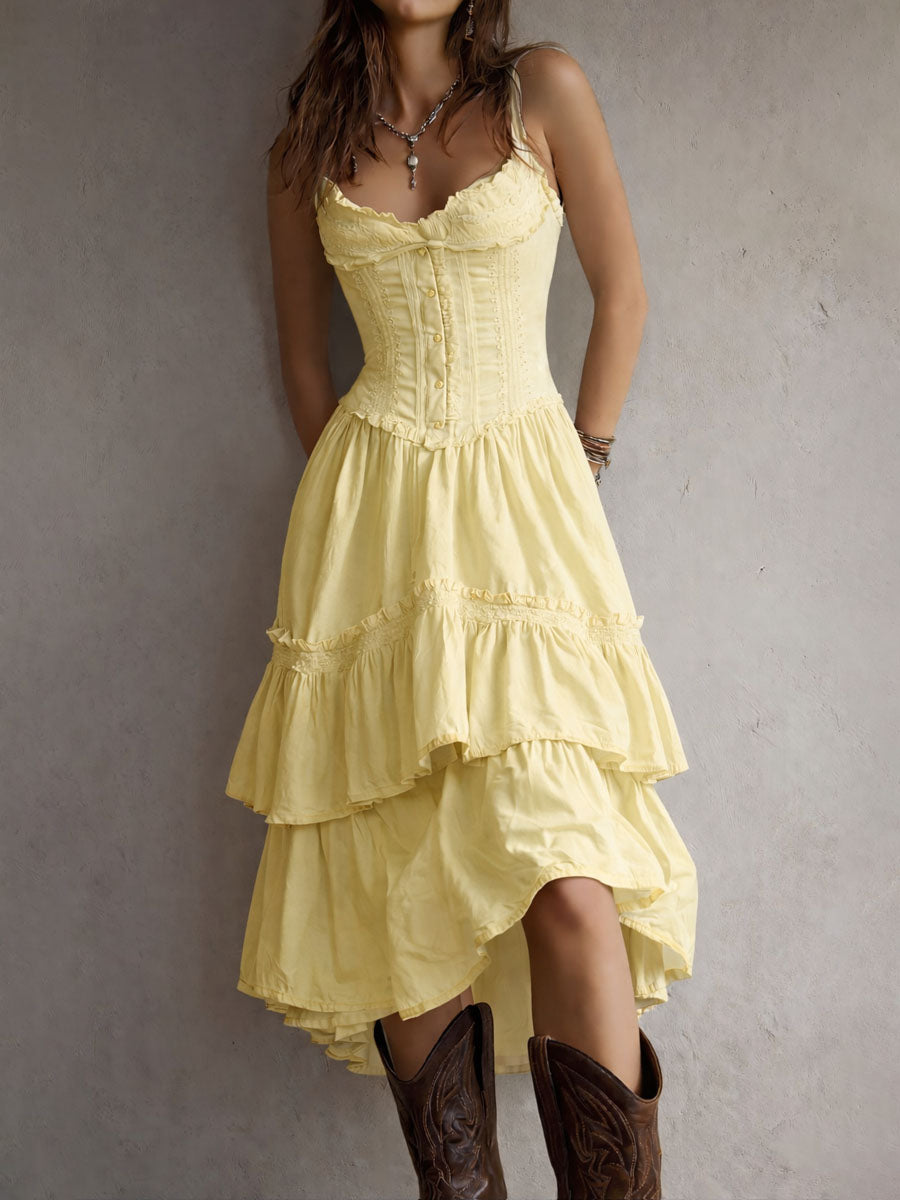 Vestido Midi Boho Retro con Corsé, Falda Escalonada y Detalles de Encaje