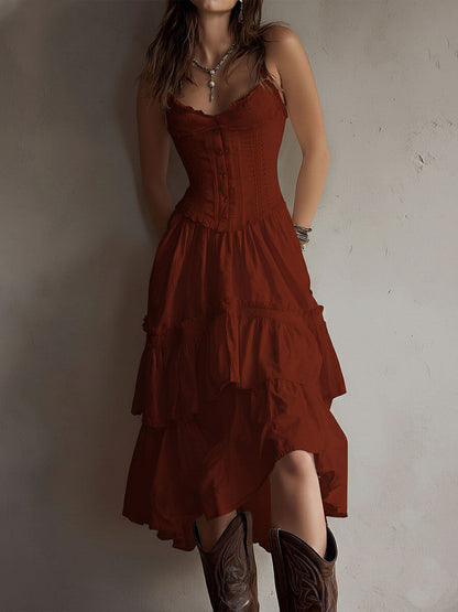 Vestido Midi Boho Retro con Corsé, Falda Escalonada y Detalles de Encaje