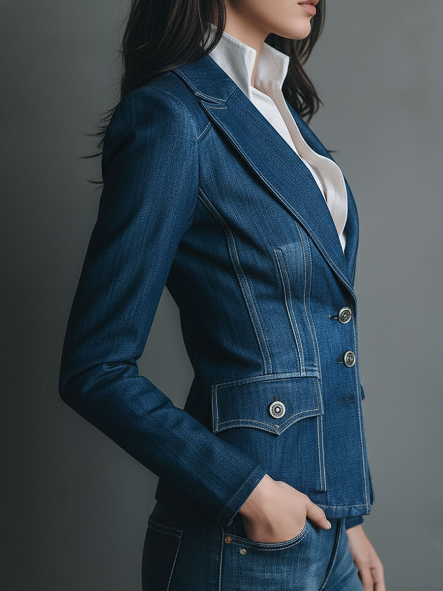 Blazer vaquero azul entallado con bolsillos