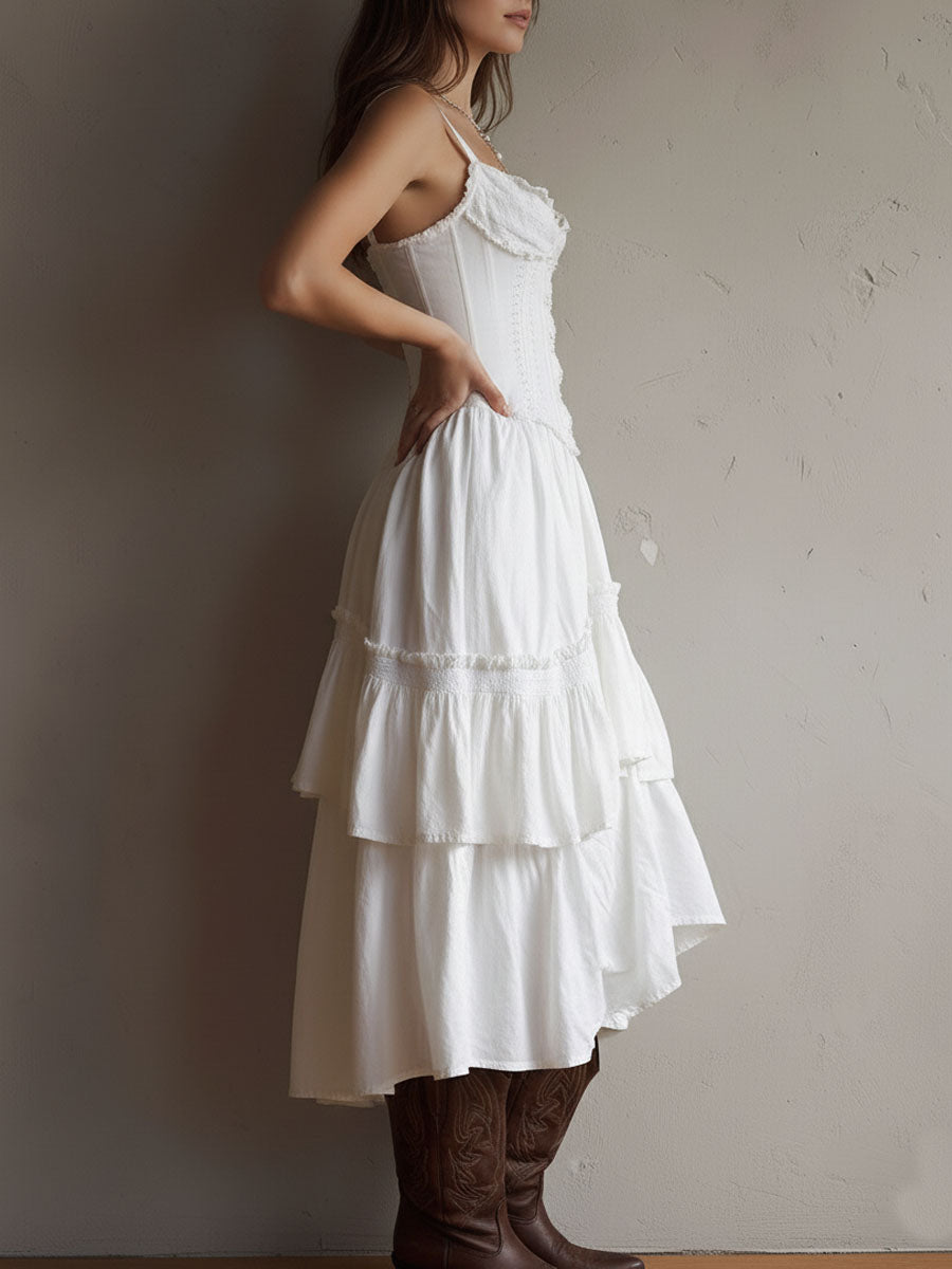 Vestido Midi Boho Retro con Corsé, Falda Escalonada y Detalles de Encaje