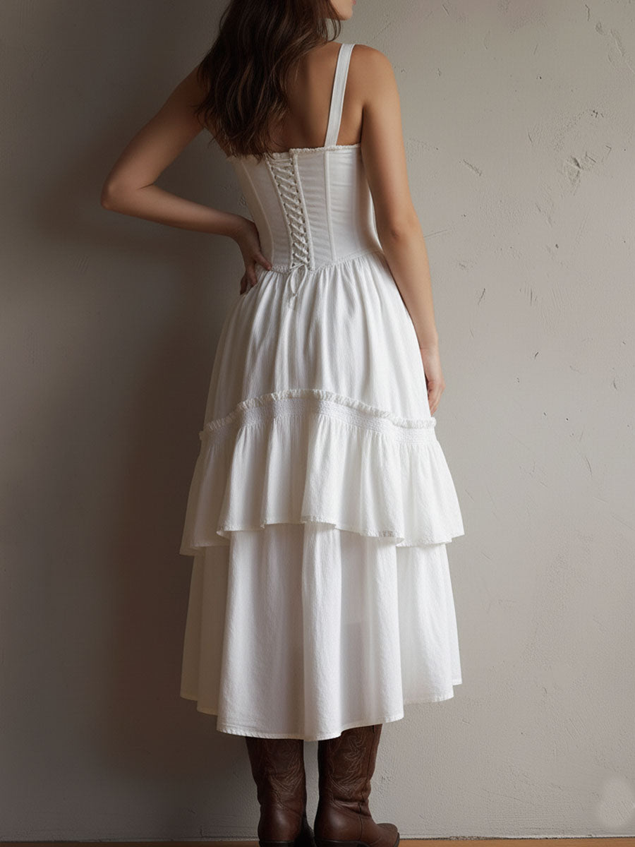 Vestido Midi Boho Retro con Corsé, Falda Escalonada y Detalles de Encaje