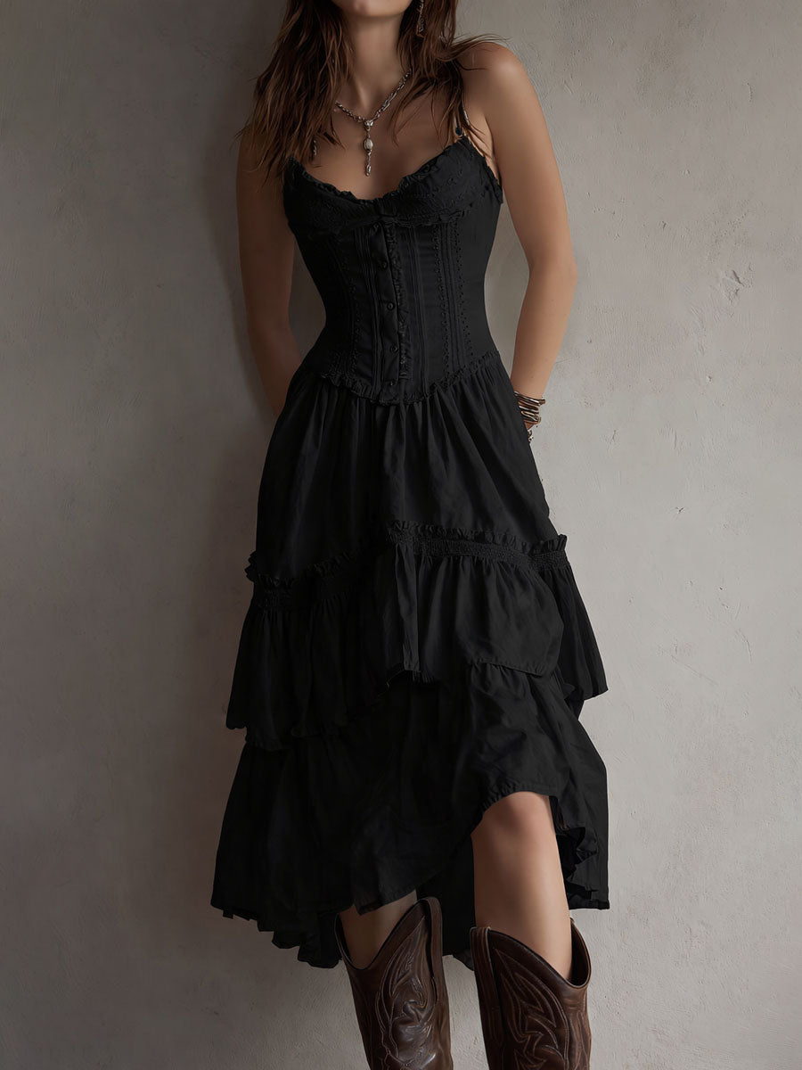 Vestido Midi Boho Retro con Corsé, Falda Escalonada y Detalles de Encaje