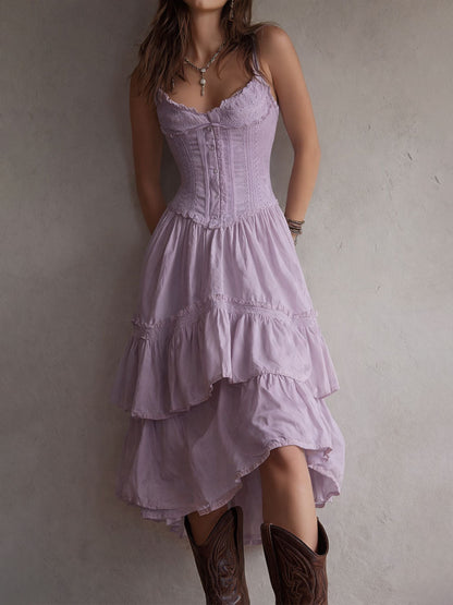 Vestido Midi Boho Retro con Corsé, Falda Escalonada y Detalles de Encaje