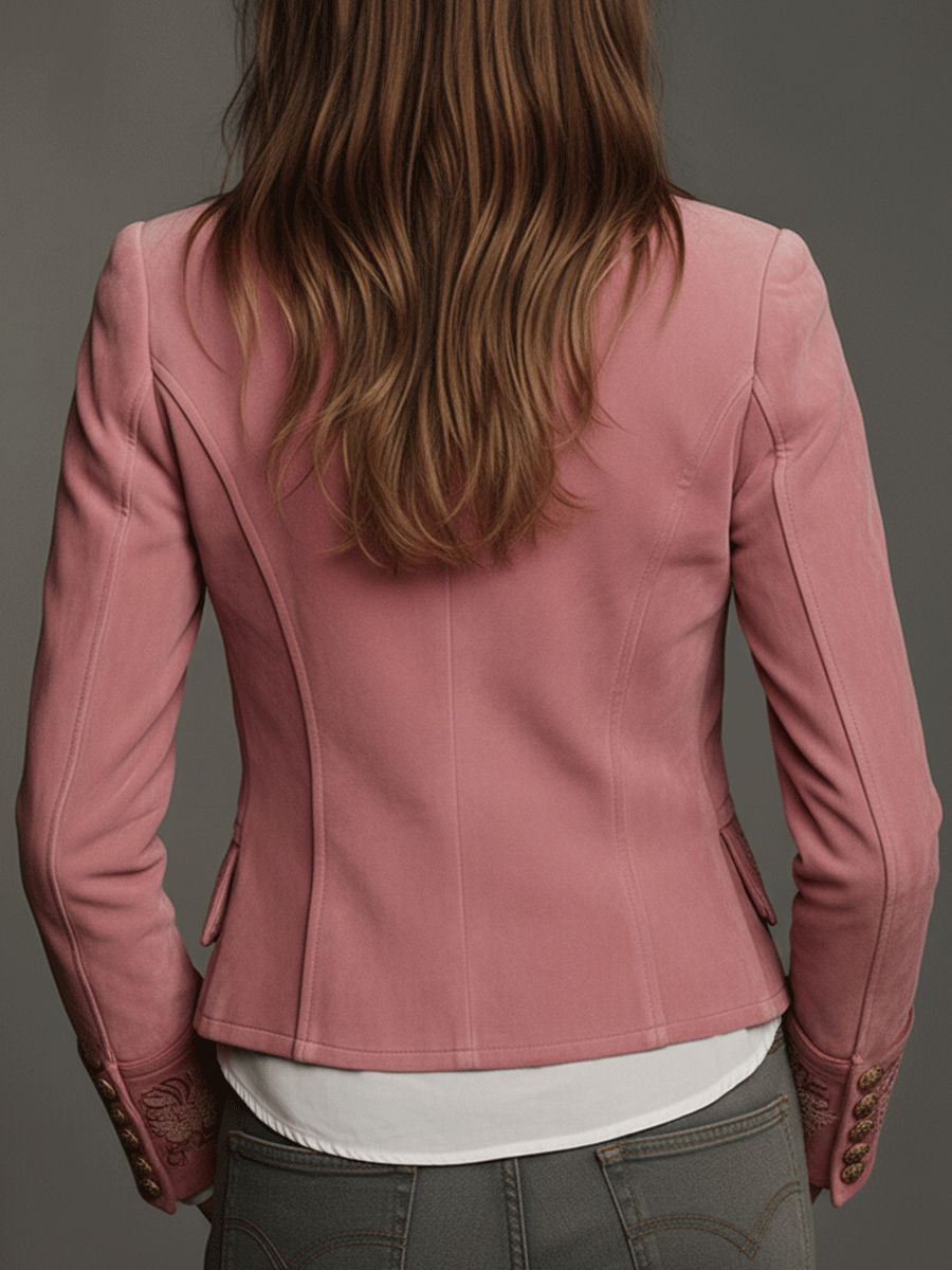 Chaqueta Vintage de Ante Bordado con Doble Botonadura