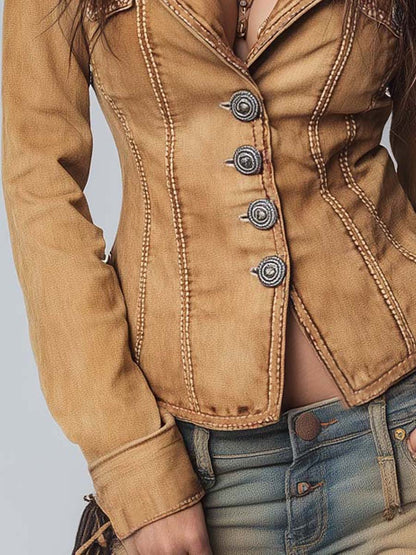 Chaqueta Vaquera Vintage Caqui de Corte Ajustado con Efecto Lavado