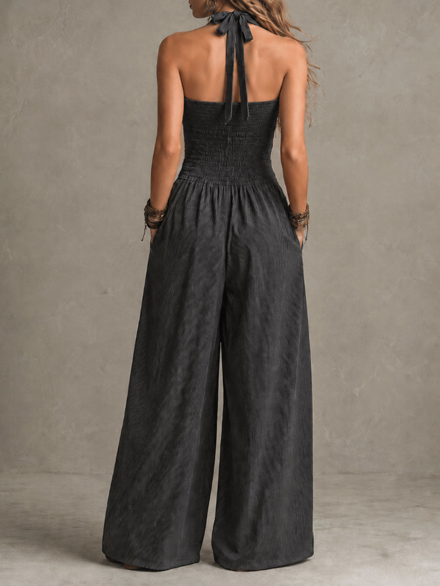 Mono Boho Gris Carbón de Pierna Ancha con Rayas Diplomáticas y Cuello Halter Cruzado