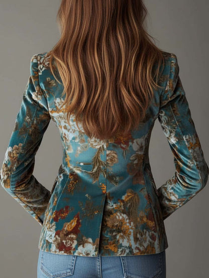 Blazer Vintage de Terciopelo Verde Azulado con Estampado Floral