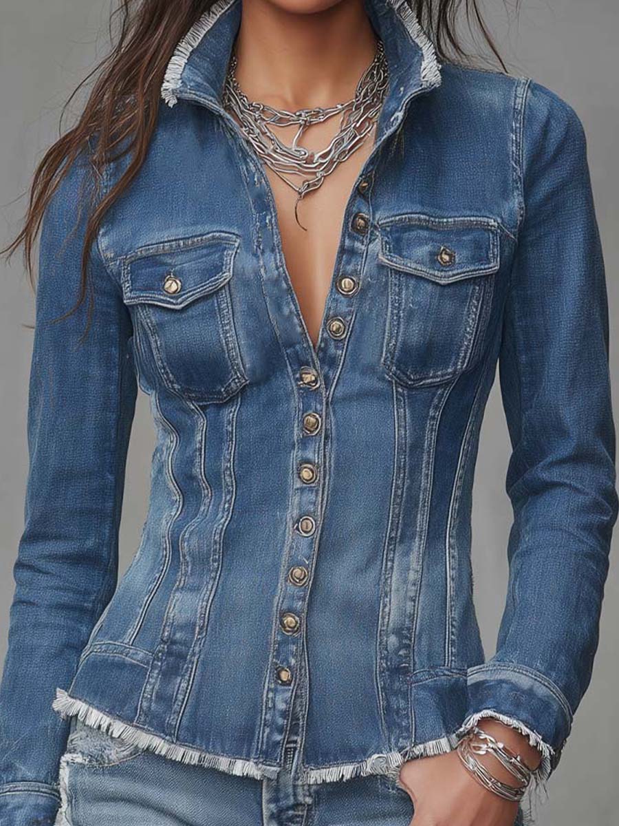 Chaqueta Camisa Vaquera Retro de Corte Ajustado con Bordes Deshilachados y Botones Frontales