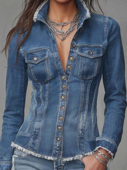 Chaqueta Camisa Vaquera Retro de Corte Ajustado con Bordes Deshilachados y Botones Frontales