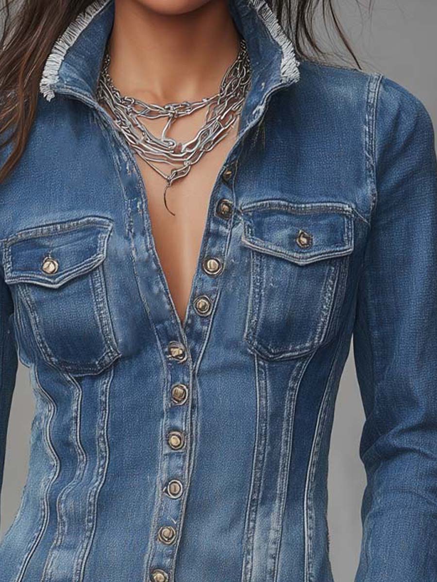 Chaqueta Camisa Vaquera Retro de Corte Ajustado con Bordes Deshilachados y Botones Frontales