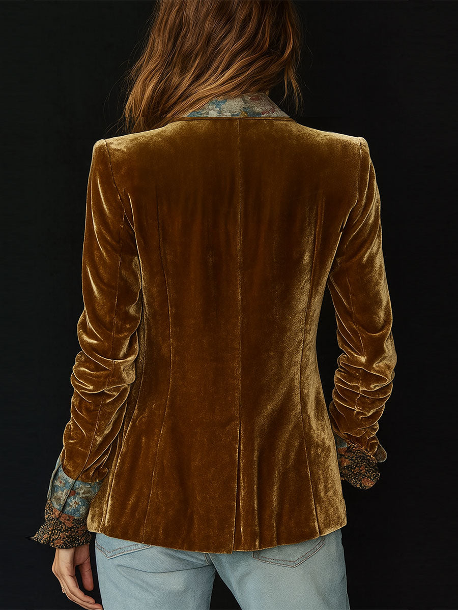 Blazer Vintage de Terciopelo con Solapas, Estampado Floral y Detalles Patchwork