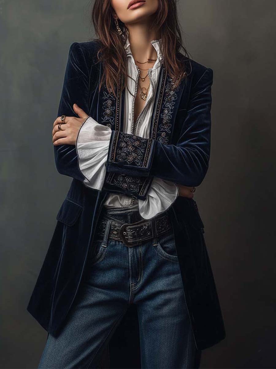 Chaqueta Larga Vintage de Terciopelo Azul Marino con Bordados