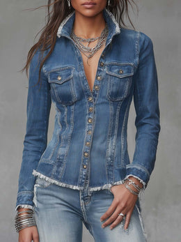 Chaqueta Camisa Vaquera Retro de Corte Ajustado con Bordes Deshilachados y Botones Frontales