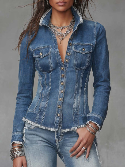 Chaqueta Camisa Vaquera Retro de Corte Ajustado con Bordes Deshilachados y Botones Frontales