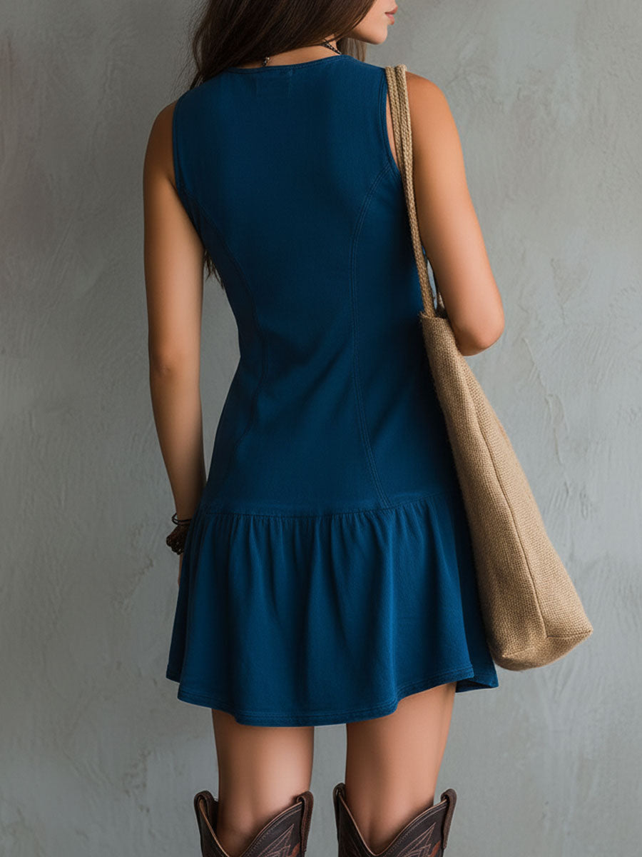 Vestido Mini Boho Chic Índigo con Bordados y Botones