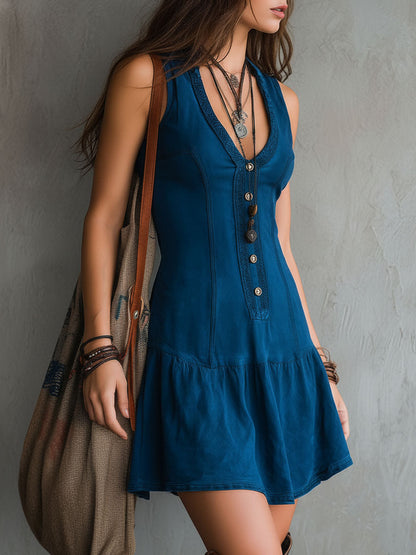 Vestido Mini Boho Chic Índigo con Bordados y Botones