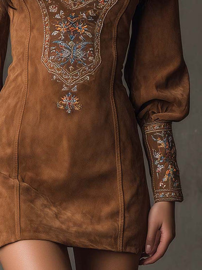 Vestido Mini Vintage de Ante Bordado con Mangas Largas