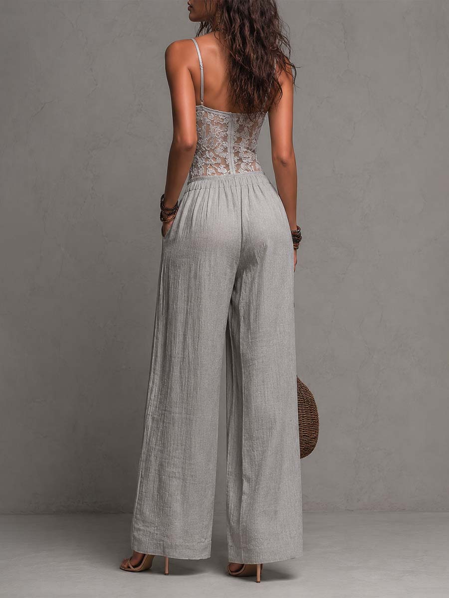 Mono Bohemio Gris Claro de Algodón Texturizado con Encaje y Pierna Ancha