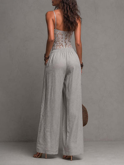 Mono Bohemio Gris Claro de Algodón Texturizado con Encaje y Pierna Ancha