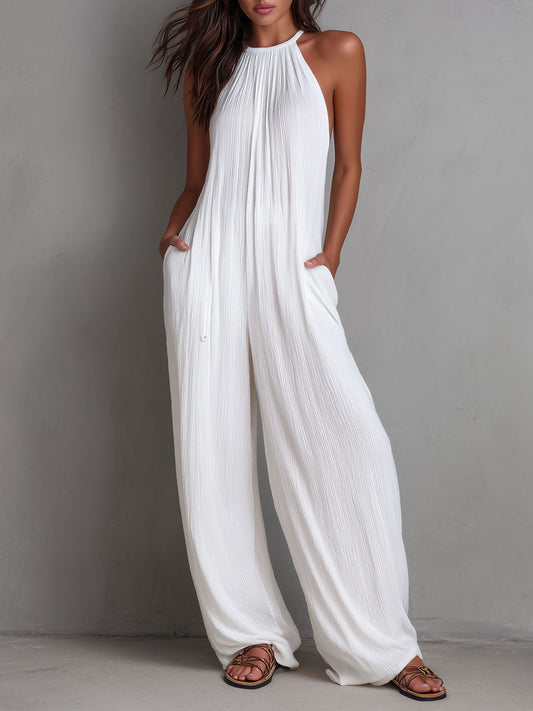Mono Resort Blanco Plisado con Cuello Halter y Pierna Ancha