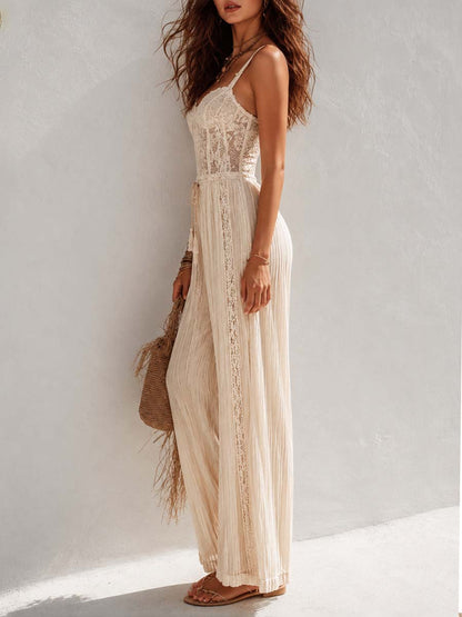 Mono Bohemio Crema con Corsé de Encaje y Pantalón Plisado de Pierna Ancha