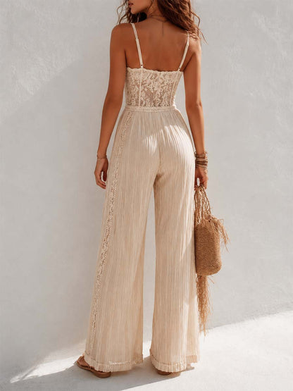 Mono Bohemio Crema con Corsé de Encaje y Pantalón Plisado de Pierna Ancha