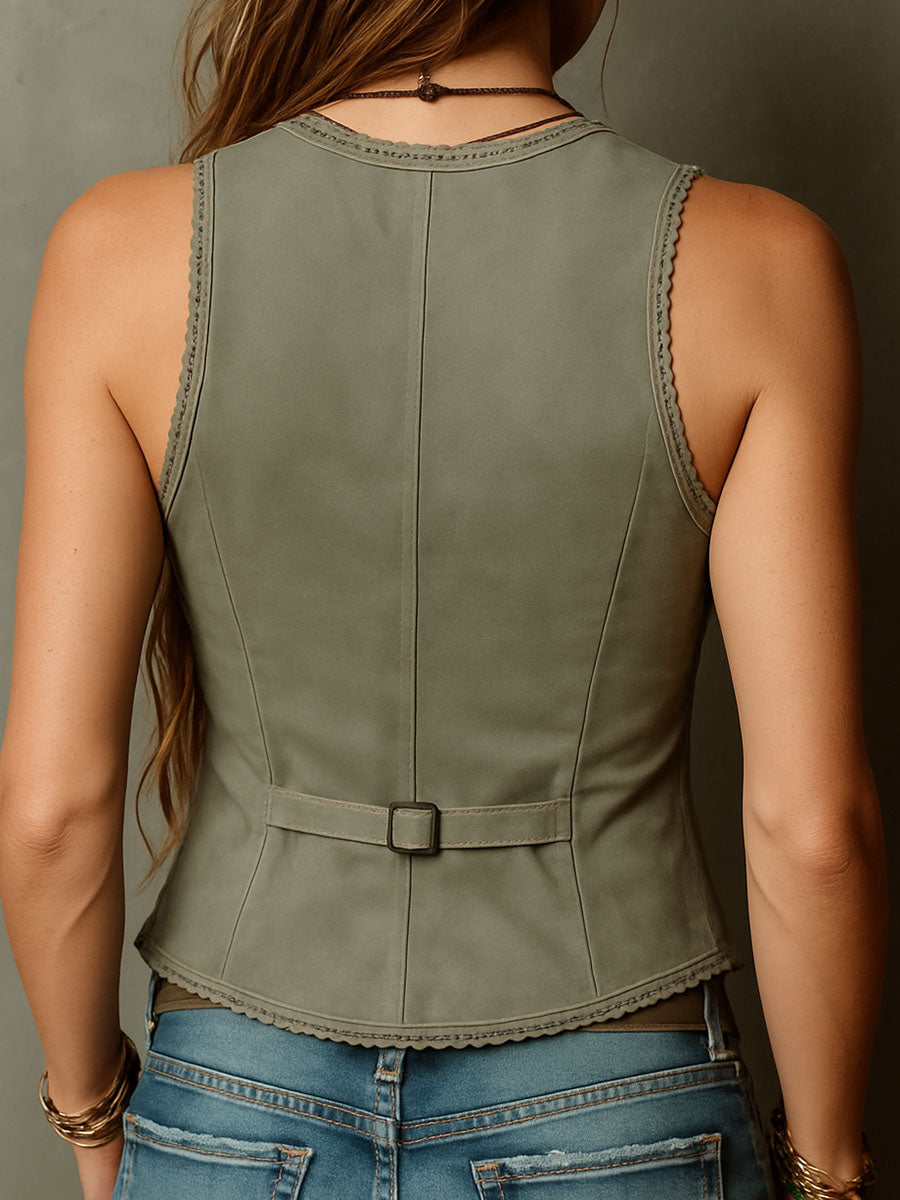 Chaleco Corsé Boho de Ante Verde Oliva con Bordados y Detalles de Encaje