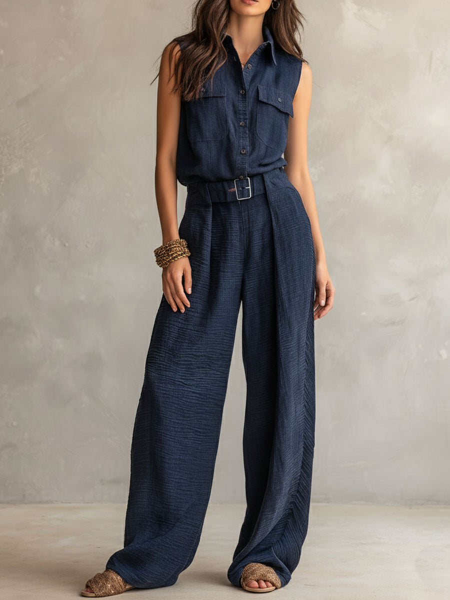 Mono Utility Boho Azul Pizarra Oscuro Texturizado con Cinturón