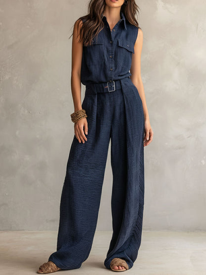 Mono Utility Boho Azul Pizarra Oscuro Texturizado con Cinturón