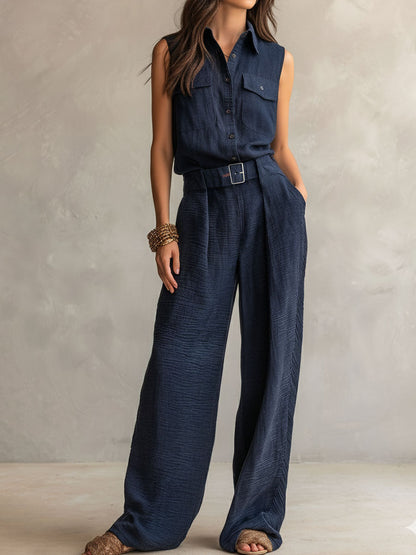 Mono Utility Boho Azul Pizarra Oscuro Texturizado con Cinturón