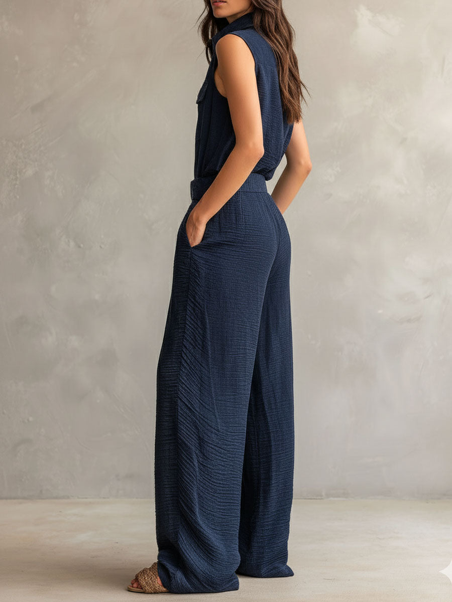 Mono Utility Boho Azul Pizarra Oscuro Texturizado con Cinturón