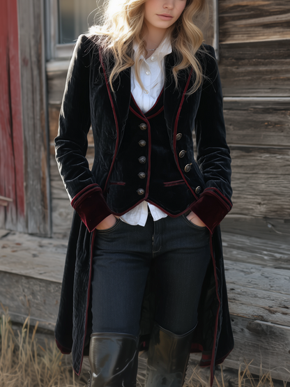 Chaqueta Larga Vintage de Terciopelo con Detalles en Contraste