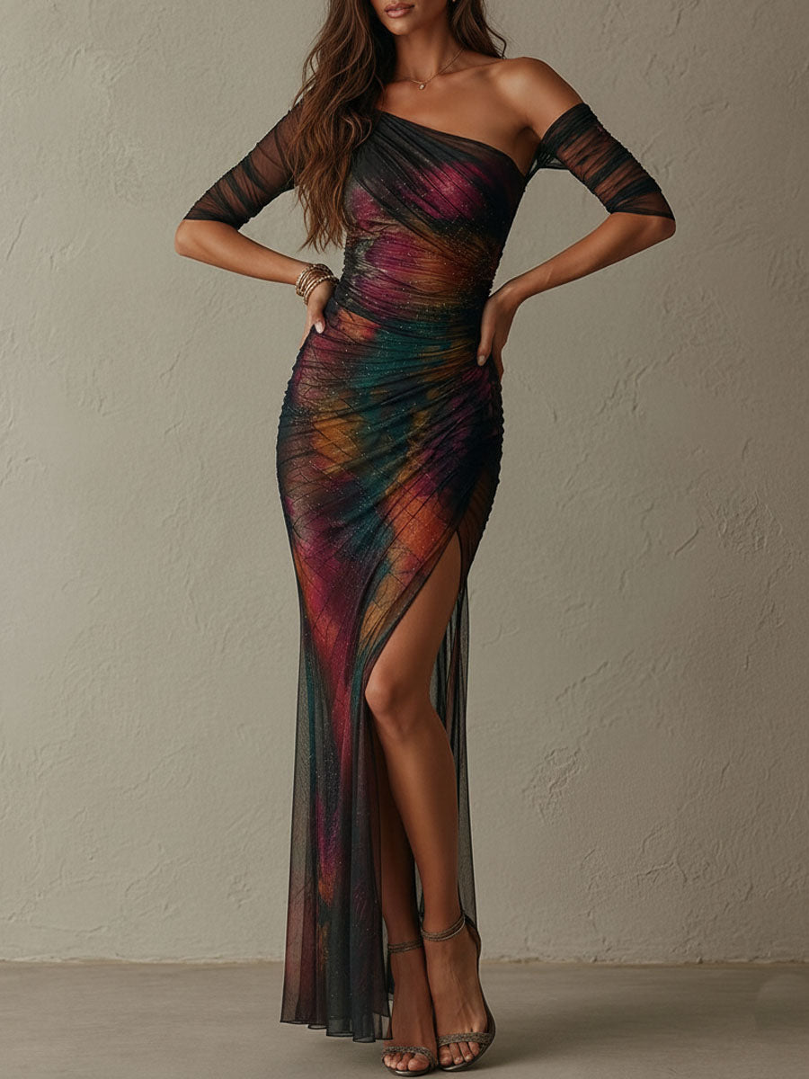 Vestido Maxi de Noche Retro con Estampado Galaxia, Hombro Descubierto y Malla Fruncida