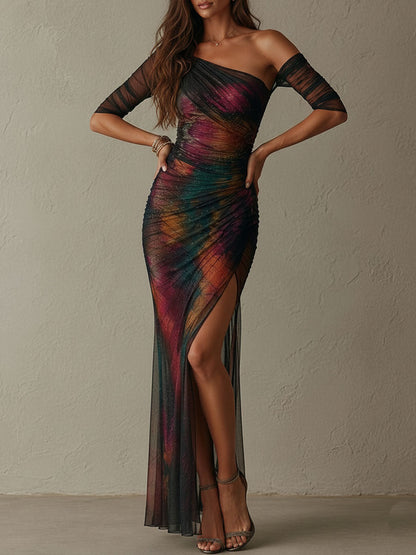 Vestido Maxi de Noche Retro con Estampado Galaxia, Hombro Descubierto y Malla Fruncida