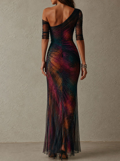 Vestido Maxi de Noche Retro con Estampado Galaxia, Hombro Descubierto y Malla Fruncida