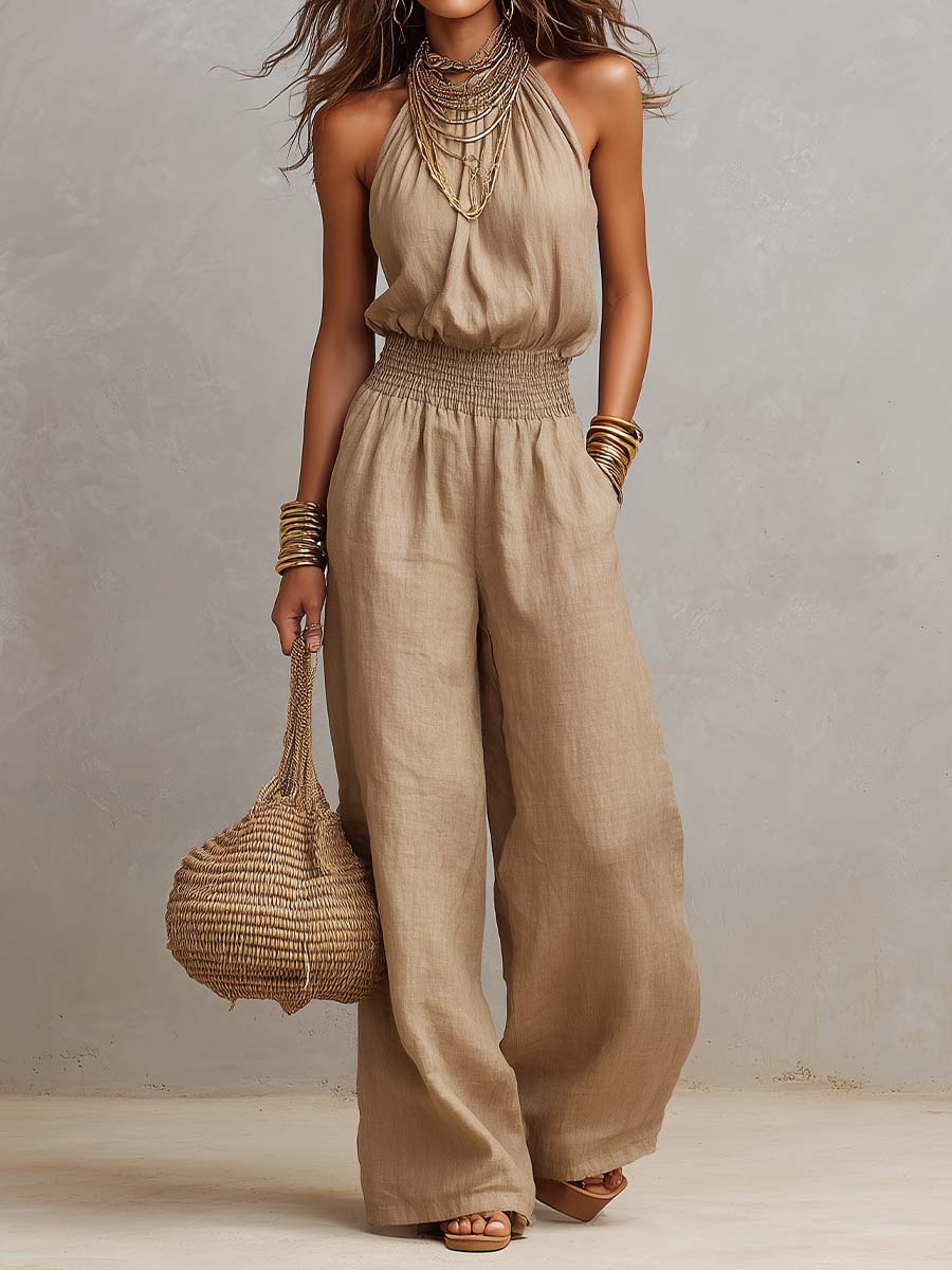 Mono Beige Tostado de Algodón y Lino con Cuello Halter, Cintura Fruncida y Pierna Ancha