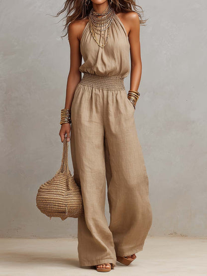Mono Beige Tostado de Algodón y Lino con Cuello Halter, Cintura Fruncida y Pierna Ancha
