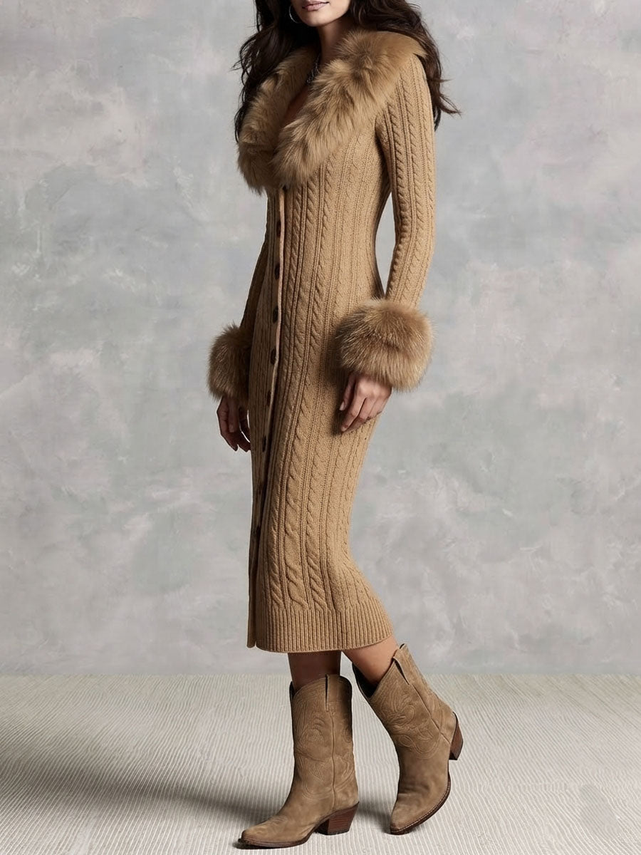 Vestido Midi Retro de Punto Camel con Cuello y Puños de Pelo Sintético