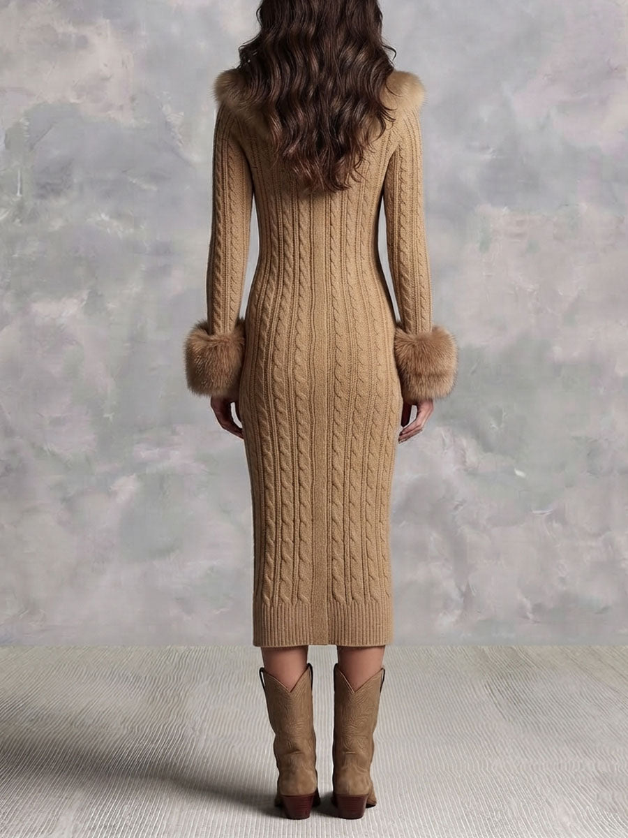 Vestido Midi Retro de Punto Camel con Cuello y Puños de Pelo Sintético