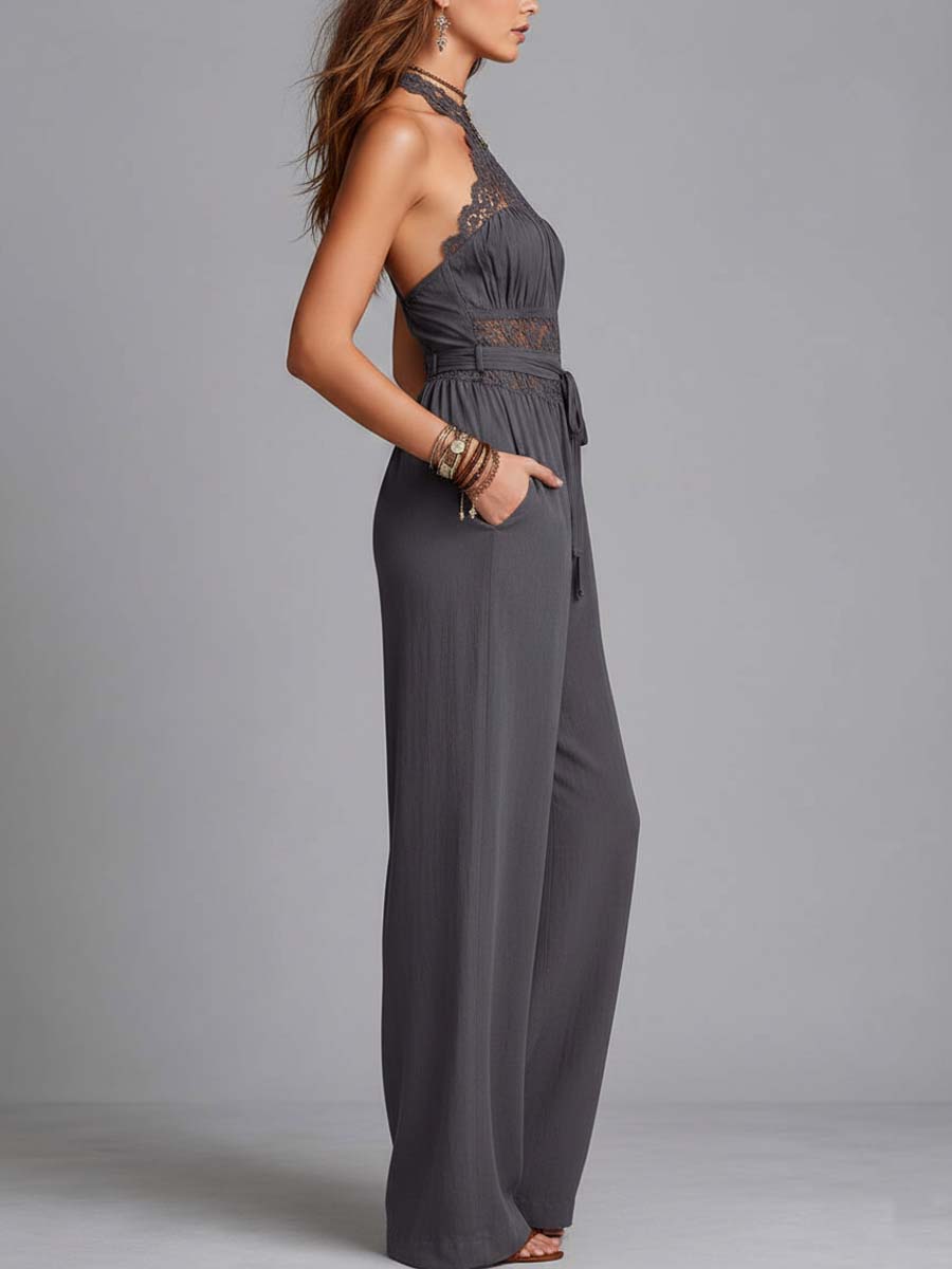Mono Gris Carbón de Algodón y Lino con Cuello Halter de Encaje y Pierna Ancha